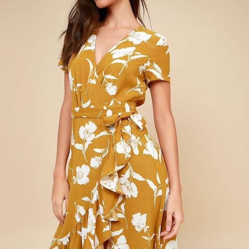 Floral Wrap Dress in Mustard Yellow